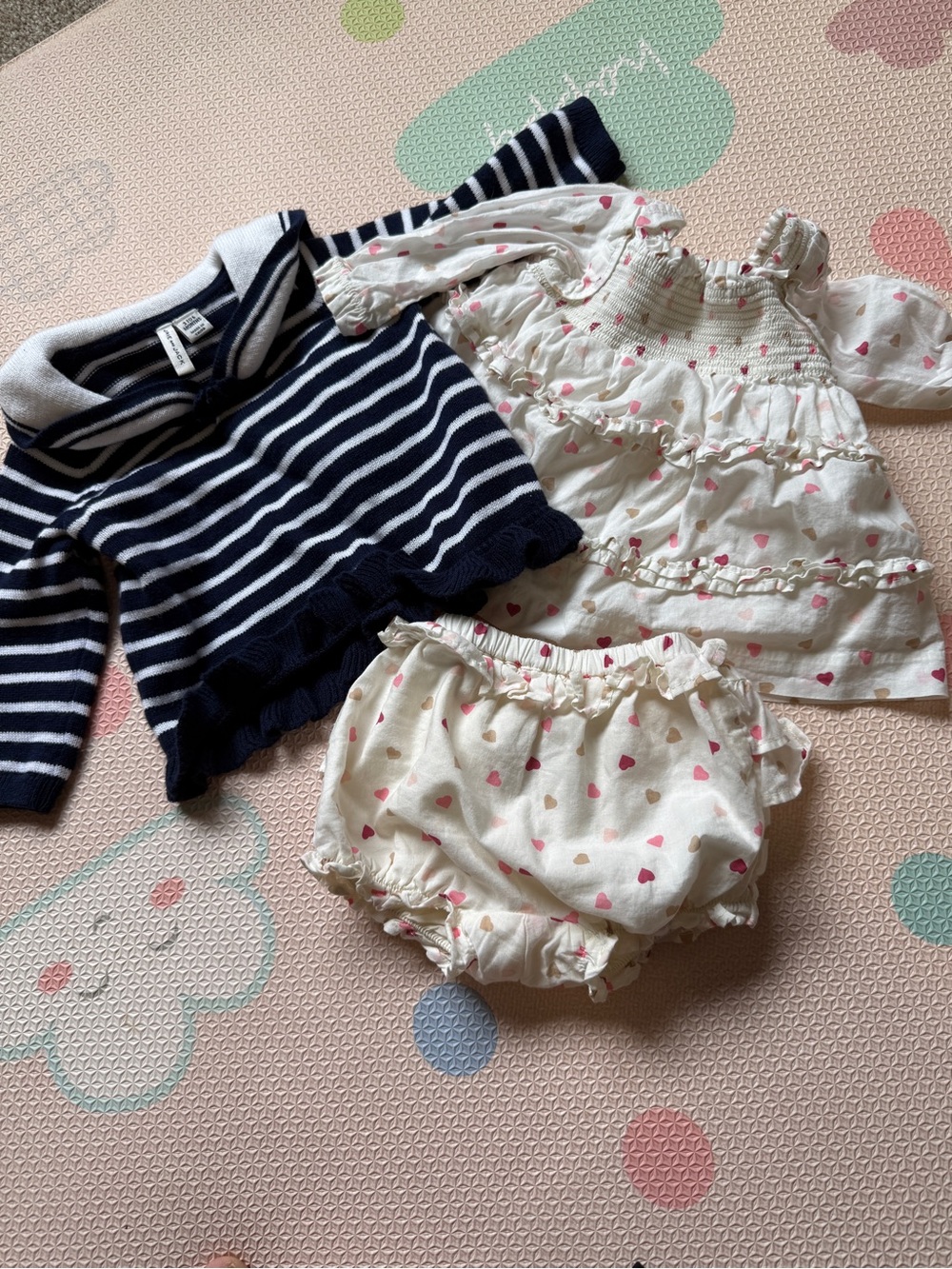 Janie and Jack Navy Striped Sweater with White Pink-Heart Smocked Top & Bloomers